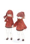  2girls agata120 aged_down bandaid bandaid_on_leg blush bow brown_hair coat full_body glasses hair_bow highres holding_hands kneehighs long_hair long_sleeves miniskirt multiple_girls persona persona_5 persona_5_the_royal ponytail red-framed_eyewear red_bow red_coat red_eyes red_hair red_scarf scarf shoes siblings simple_background sisters skirt socks spoilers standing white_background white_socks yoshizawa_kasumi yoshizawa_sumire 