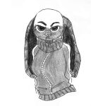 absurd_res anthro beastars big_breasts breasts clothing domestic_rabbit efradraws eyebrows floppy_ears graphite_(artwork) hi_res jacket kyuu_(beastars) lagomorph leporid looking_at_viewer lop_ears lop_rabbit mammal monochrome oryctolagus pencil_(artwork) rabbit sketch thick_eyebrows topwear traditional_media_(artwork)