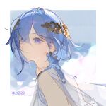  1girl blue_background blue_eyes blue_hair border closed_mouth dated dlgeria earrings from_side hair_between_eyes headpiece highres jewelry long_hair looking_at_viewer original outside_border purple_eyes sketch solo upper_body white_border 