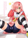  blush cameltoe fat_mons hayate_no_gotoku! katsura_hinagiku kizaki_yuuri long_hair one_eye_closed pink_hair school_uniform skin_tight solo spandex spread_legs striped striped_legwear thighhighs thighs 