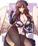  1girl absurdres ashy_(dankestsin) blue_eyes book breasts brown_hair gloves granblue_fantasy hat highres huge_breasts long_hair low_twintails pantyhose quill raziel_(granblue_fantasy) smile thick_thighs thighs twintails wide_hips wings 