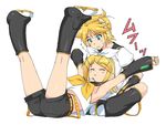  1girl :3 armpits blonde_hair blue_eyes brother_and_sister kagamine_len kagamine_rin leg_warmers legs_up shichimenchou siblings twins vocaloid 