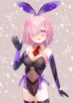  1girl :d absurdres adapted_costume animal_ears black_gloves black_leotard black_thighhighs blush breasts cleavage covered_navel cowboy_shot detached_collar elbow_gloves fake_animal_ears fate/grand_order fate_(series) frilled_leotard frills gloves grey_background hair_over_one_eye hairband harukappa highleg highleg_leotard highres large_breasts leotard looking_at_viewer mash_kyrielight medium_hair necktie pink_eyes pink_hair purple_hairband rabbit_ears red_necktie short_necktie smile solo standing strapless strapless_leotard thigh_gap thighhighs wing_collar 
