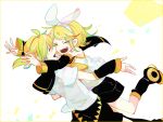  1boy 1girl bare_shoulders black_sailor_collar black_shorts black_sleeves blonde_hair bow brother_and_sister closed_eyes detached_sleeves glomp hair_bow hair_ornament hairclip hako_(swimjelly) happy hug kagamine_len kagamine_rin leg_warmers neckerchief necktie open_mouth outstretched_arms sailor_collar shirt short_hair short_ponytail short_sleeves shorts shoulder_tattoo siblings sleeveless sleeveless_shirt smile tattoo twins vocaloid white_bow white_shirt yellow_neckerchief 