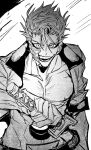  1boy absurdres arrancar bleach broken_mask collarbone collared_jacket evil_smile facial_mark greyscale grimmjow_jaegerjaquez hair_between_eyes halftone highres holding holding_sword holding_weapon hole_in_stomach hole_on_body jacket looking_at_viewer male_focus mask monochrome open_clothes open_jacket pectorals sheath sleeves_rolled_up smile solo sword teeth unsheathing upper_body weapon xi_luo_an_ya zanpakutou 