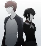  1boy 1girl black_hair breasts emiya_shirou fate/stay_night fate_(series) hair_over_one_eye highres large_breasts long_sleeves monochrome one_eye_covered orange_hair raglan_sleeves red_eyes red_hair ribbon shokobrt23 short_hair tachie_(fate) yellow_eyes 