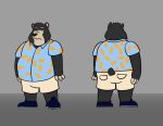 anthro bear black_body black_fur black_nose blue_clothing blue_footwear blue_shirt blue_shoes blue_topwear bottomwear clothing dom_(foxmanad) footwear foxmanad frown fur grey_background half-closed_eyes khaki_pants khaki_shorts male mammal narrowed_eyes orange_clothing orange_shirt orange_topwear overweight overweight_male shirt shoes shorts simple_background solo teeth_showing topwear