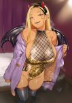  1girl bare_shoulders bed bedroom black_wings blonde_hair breasts choker costume covered_nipples curtains dark_skin demon_horns demon_tail demon_wings ear_piercing english_text eyelashes fingernails gyaru halloween halloween_costume highres horns jacket kiddycorky kogal large_breasts leotard lips looking_at_viewer mole mole_under_eye original parted_lips piercing purple_nails removing_jacket seductive_smile smile solo steam steaming_body sweat tail tan thick_thighs thighhighs thighs wings 