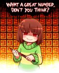  1other blood blood_on_knife blunt_bangs blush_stickers brown_hair chara_(undertale) commentary english_text evil_smile gamugun_(ransaros) green_sweater holding holding_knife knife looking_at_viewer number_background open_mouth orange_background other_focus outline patterned_background red_eyes shaded_face short_hair single_horizontal_stripe smile solo spanish_commentary striped_clothes striped_sweater sweater undertale 