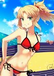  1girl absurdres bare_shoulders beach beni8h bikini blonde_hair blue_sky breasts cloud cloudy_sky commentary_request fate/grand_order fate_(series) green_eyes highres holding holding_surfboard looking_at_viewer midriff mordred_(fate) mordred_(fate/apocrypha) mordred_(swimsuit_rider)_(fate) navel ocean red_bikini sky small_breasts smile solo splashing surfboard swimsuit 