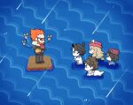  afloat augustine_sycamore black_coat black_hair blonde_hair brown_hair calem_(pokemon) coat commentary_request crossed_arms diantha_(pokemon) eyewear_on_headwear from_side gohan_(horth-waribasi) hat long_hair lysandre_(pokemon) orange_hair pokemon pokemon_emerald pokemon_rse pokemon_xy rain scene_reference serena_(pokemon) short_hair standing sunglasses v-shaped_eyebrows water white-framed_eyewear 