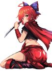  1girl arm_ribbon black_footwear bow cape full_body hair_bow highres holding holding_weapon kneeling looking_at_viewer looking_back puffy_short_sleeves puffy_sleeves purple_bow red_cape red_eyes red_hair red_ribbon red_shorts ribbon sekibanki sen_(daydream_53) short_hair short_sleeves shorts simple_background solo touhou weapon white_background 