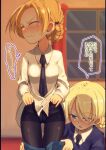  2girls assisted_exposure black_necktie black_pantyhose blonde_hair blue_eyes blue_skirt blurry blurry_background blush braid closed_eyes closed_mouth clothes_lift clothes_pull commentary_request darjeeling_(girls_und_panzer) depth_of_field dress_shirt frown girls_und_panzer half-closed_eyes highres indoors jinguu_(4839ms) lifted_by_self multiple_girls necktie orange_hair orange_pekoe_(girls_und_panzer) panties panties_under_pantyhose pantyhose pillarboxed pleated_skirt school_uniform shirt shirt_lift short_hair skirt skirt_pull squatting st._gloriana&#039;s_school_uniform standing sweatdrop thigh_gap translation_request underwear undressing white_shirt window wing_collar 