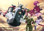  boots cloud gundam gundam_seed gundam_seed_destiny knee_boots lunamaria_hawke mecha meyrin_hawke multiple_girls narendo pink_skirt siblings sisters skirt sky thighhighs 