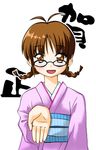  akizuki_ritsuko braid glasses idolmaster idolmaster_(classic) idolmaster_1 japanese_clothes kimono miyabe_makoto solo twin_braids 