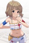  1girl ahoge bare_shoulders belt blue_eyes blunt_bangs blush breasts brown_hair closed_mouth collarbone cowboy_shot dot_nose ebifu finger_to_mouth highres idolmaster idolmaster_million_live! idolmaster_million_live!_theater_days light_smile navel official_alternate_costume short_hair shorts sidelocks simple_background small_breasts solo suou_momoko tank_top wavy_hair white_shorts white_tank_top 