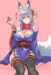  1girl animal_ears arm_support breasts detached_sleeves fingerless_gloves fox_ears fox_girl fox_tail gloves hair_ornament holding japanese_clothes money open_clothes original pelvic_curtain red_eyes sawaya_(mizukazu) sitting tail thighhighs wide_sleeves 