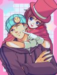  1boy 1girl :p ace_attorney apollo_justice:_ace_attorney beanie beard_stubble blue_eyes border brown_hair cape commentary_request facial_hair father_and_daughter gloves grey_hoodie grid_background hat highres hood hoodie one_eye_closed outside_border phoenix_wright pink_border ragi_(od6fine) red_cape simple_background star_(symbol) stubble tongue tongue_out top_hat trucy_wright white_gloves 