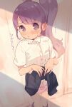  1girl :o aged_up black_skirt black_socks blunt_bangs blush clothes_lift collared_shirt commentary evening feet_out_of_frame high_ponytail highres hyakumangoku_masurao indoors lifted_by_self long_hair looking_at_viewer manaka_non parted_lips pretty_series pripara purple_eyes purple_hair school_uniform shirt short_sleeves skirt skirt_lift socks solo standing sweatdrop white_shirt 