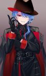  1girl belly_chain belt black_belt black_coat black_gloves black_hair black_jacket black_skirt blue_hair coat coat_on_shoulders earrings evil_grin evil_smile fedora glove_pull gloves gradient_background grin hair_over_one_eye hair_over_shoulder hat highres hololive hoshimachi_suisei hoshimachi_suisei_(8th_costume) jacket jewelry long_hair long_sleeves looking_at_viewer low_ponytail multicolored_hair neck_tassel official_alternate_eye_color print_coat red_eyes red_hat skirt smile solo streaked_hair tassel tassel_earrings virtual_youtuber yellow_takano 