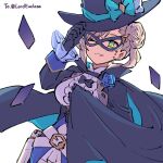 1girl alonemistrist blue_bow blue_flower blue_rose bow cape cape_hold domino_mask dragalia_lost flower gloves green_eyes hat hat_bow lapis_(dragalia_lost) long_sleeves looking_at_viewer mask one_eye_closed rose smile solo top_hat white_background white_hair 