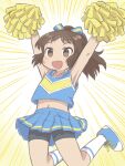  1girl armpits arms_up bike_shorts blue_footwear blue_shirt blue_skirt brown_eyes brown_hair cheerleader commentary_request emphasis_lines flat_chest hair_ribbon highres holding holding_pom_poms idolmaster idolmaster_cinderella_girls idolmaster_cinderella_girls_u149 jumping long_hair looking_ahead miniskirt navel open_mouth pleated_skirt pom_pom_(cheerleading) ponytail ribbon shirt shoes sidelocks skirt sleeveless sleeveless_shirt smile sneakers socks solo stomach sweat tachibana_arisu white_socks yellow_background yuzu-p 