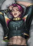  1boy abs bed_sheet heartsteel_(league_of_legends) heartsteel_kayn highres kayn_(league_of_legends) league_of_legends looking_at_viewer mature_male midriff_peek muscular muscular_male on_bed purple_hair red_eyes salmonviz tongue tongue_out 