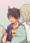  2boys :d aijima_cecil animal_ears bead_necklace beads blonde_hair blue_kimono blue_shirt branch brown_hair camus_(uta_no_prince-sama) cat_boy cat_ears cherry_blossoms closed_eyes collarbone dark-skinned_male dark_skin extra_ears facing_away flower gradient_background green_kimono hair_between_eyes hand_up highres japanese_clothes jewelry kemonomimi_mode kimono lower_teeth_only male_focus medium_hair multiple_boys necklace niki_(nikism1987) pink_background pink_flower shirt short_hair smile teeth upper_body uta_no_prince-sama uta_no_prince-sama:_shining_live 