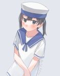  1girl black_hair blue_sailor_collar cowboy_shot dress grey_background hat kantai_collection one-hour_drawing_challenge purple_eyes sailor_collar sailor_dress sailor_hat short_hair short_sleeves shounan_(kancolle) simple_background solo suppaman_(rfjy) twintails white_dress 
