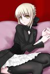  artoria_pendragon_(all) black_legwear dress fate/stay_night fate_(series) gothic_lolita lolita_fashion saber_alter solo sugar_(sugarless) thighhighs 