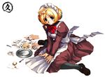  accident apron black_legwear blonde_hair blush broken double_bun full_body hisahiko juliet_sleeves long_sleeves maid maid_headdress melua_melna_meia messy pantyhose puffy_sleeves sad simple_background sitting solo super_robot_wars super_robot_wars_judgement tears v_arms wariza white_background 