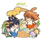  2boys alternate_costume animal_ears arms_up basket black_hair blue_eyes blue_overalls blush_stickers bow brown_hair chibi chinese_commentary commentary_request daisy easter easter_egg egg flower fudou_yuusei full_body gingham hair_between_eyes hood hood_down hoodie in-franchise_crossover jiayu_long kemonomimi_mode leaf looking_back male_focus multicolored_hair multiple_boys overalls pink_flower purple_flower rabbit_boy rabbit_ears rabbit_tail red_overalls short_hair sidelocks spiked_hair spring_(season) standing streaked_hair tail white_background white_flower wicker_basket yellow_bow yellow_flower yu-gi-oh! yu-gi-oh!_5d&#039;s yu-gi-oh!_gx yuuki_juudai 