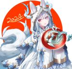  1girl 2024 :d animal_ears blue_eyes cape chinese_zodiac cup dragon dress ears_through_hood eastern_dragon embroidered_dress fang fox_ears fox_girl fox_tail grey_hair heterochromia hood hood_up hooded_cape long_hair long_sleeves looking_at_viewer mini_dragon multiple_tails open_mouth original red_eyes sagami_rin sakazuki skin_fang sleeves_past_fingers sleeves_past_wrists smile tail white_cape white_dress wide_sleeves year_of_the_dragon 