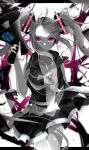  1girl artist_name bare_arms bare_shoulders chest_tattoo goma_irasuto greyscale hatsune_miku highres holding holding_megaphone looking_at_viewer megaphone monochrome parted_lips partially_colored pink_eyes skirt sleeveless solo tattoo twintails vocaloid 