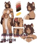  1girl animal_ears animal_feet animal_hands breasts brown_eyes brown_hair claws color_guide earrings english_commentary futanari got_ji_(gojich1) highres hyena_ears hyena_girl hyena_tail jewelry large_breasts large_penis looking_at_viewer multiple_views muscular muscular_female navel original penis short_hair simple_background tail teeth white_background 