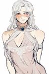  1boy alternate_hair_length alternate_hairstyle androgynous arm_behind_back bare_shoulders blush cowboy_shot crossdressing dark_souls_(series) dark_souls_i dark_sun_gwyndolin dress grey_background grey_dress grey_hair highres leaning_to_the_side long_hair male_focus otoko_no_ko parted_bangs simple_background solo sweatdrop zunkome 