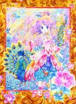  bird blue_eyes copyright_request dress flower peacock purple_hair sei_mutsuki solo 