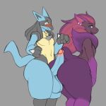 absurd_res anthro balls big_balls big_butt big_penis blush bodily_fluids butt chest_spike duo ear_piercing ear_ring female generation_4_pokemon generation_5_pokemon genitals girly hand_spike hi_res huge_butt huge_penis kit_(zoroark144) looking_at_another looking_back lucario male male/male nintendo penis piercing pokemon pokemon_(species) reddrago ring_piercing spikes spikes_(anatomy) sweat sweatdrop tail zoroark