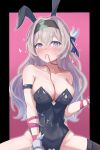  1girl absurdres animal_ears breasts collarbone firefly_(honkai:_star_rail) grey_hair heart heart-shaped_pupils highres honkai:_star_rail honkai_(series) mouth_hold playboy_bunny rabbit_ears ribbon sitting string_in_mouth symbol-shaped_pupils tefutefufu white_hair 