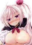 1girl :p ahoge akizuki_kanna aroused black_cape blush breast_press breasts breasts_out cafe_stella_to_shinigami_no_chou cape cleavage closed_mouth colored_eyelashes commentary crossed_bangs eyes_visible_through_hair hair_between_eyes hair_ribbon highres large_breasts licking_lips light_brown_hair long_hair long_sleeves looking_at_viewer neck_ribbon nipples nose_blush open_clothes open_shirt pov purple_eyes red_ribbon ribbon shirt side_ponytail simple_background smile solo split_mouth teacat310 tongue tongue_out tsurime upper_body white_background white_shirt 