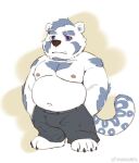  1boy animal_ears bara bear_boy bear_ears big_belly bulge deformed fat fat_man full_body furry furry_male huge_eyebrows jaguar_tail large_pectorals looking_at_viewer male_focus mature_male navel nipples original pants pectorals qigiuqi_jiu short_hair solo standing stomach tail topless_male tusks white_fur 