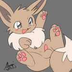 2024 3_fingers 3_toes anthro balls blush brown_body brown_eyes brown_fur eevee erection feet fingers fur generation_1_pokemon genitals happy hi_res joeri_kunisaki male nintendo open_mouth pawpads penis pokemon pokemon_(species) simple_background solo spread_legs spreading tail toes