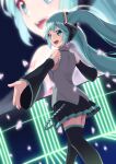  1girl :d bare_shoulders black_skirt black_thighhighs blush bright_pupils commentary detached_sleeves eyebrows_hidden_by_hair feet_out_of_frame floating_hair foreshortening from_behind green_eyes green_hair grey_shirt hair_between_eyes happy hatsune_miku highres light_particles long_hair long_sleeves looking_at_viewer looking_back miku_day miniskirt open_mouth outstretched_arms pleated_skirt shirt skirt sleeveless sleeveless_shirt smile solo standing teeth thighhighs twintails upper_teeth_only very_long_hair vocaloid wide_sleeves yasuba_yuichi zettai_ryouiki 