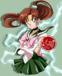  1girl angry bad_source bishoujo_senshi_sailor_moon bow bowtie breasts brooch brown_hair choker crossed_arms earrings elbow_gloves electricity gloves green_eyes green_skirt highres jewelry kino_makoto long_hair looking_at_viewer magical_girl making-of_available medium_breasts miniskirt open_mouth pink_bow pink_bowtie ponytail sailor_jupiter school_uniform simple_background skirt small_breasts sol_lennon solo tiara white_gloves 