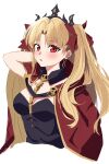  1girl :o arm_up blonde_hair blush breasts cape commentary_request cropped_torso detached_collar earrings ereshkigal_(fate) eyelashes fate/grand_order fate_(series) hair_between_eyes hair_ribbon highres hoop_earrings jewelry long_hair looking_at_viewer medium_breasts open_mouth red_cape red_eyes red_ribbon ribbon simple_background sketch skull_ornament solo souyoru straight_hair tiara tsurime twintails upper_body white_background 