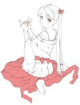  :3 ass blush bra copyright_request hair_ribbon hakama japanese_clothes lineart lingerie long_hair looking_back miko monochrome ooji red_hakama ribbon sitting smile solo spot_color tabi twintails underwear wariza 