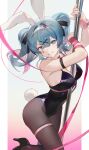  1girl :d animal_ears arm_belt bare_shoulders black_footwear black_leotard black_pantyhose blue_eyes blue_hair breast_press breasts detached_collar fake_animal_ears fake_tail floating_hair foot_out_of_frame grin hair_between_eyes hair_intakes hair_ornament hatsune_miku high_heels highleg highleg_leotard highres large_breasts leotard looking_at_viewer multicolored_hair o0oherb open_mouth outside_border pantyhose pillarboxed pink_hair pink_pupils pink_ribbon playboy_bunny pole rabbit_ears rabbit_hole_(vocaloid) rabbit_tail ribbon short_twintails skindentation smile solo stripper_pole tail teardrop_facial_mark teeth thigh_strap twintails two-tone_hair vocaloid wrist_ribbon x_hair_ornament 
