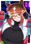  1girl ;p absurdres adjusting_eyewear animal_ears black_gloves blue_jacket blush brown_hair commentary_request fingerless_gloves glasses gloves highres horse_ears horse_girl jacket long_sleeves looking_at_viewer multicolored_hair one_eye_closed red-framed_eyewear red_eyes reibun_(raven1119) short_hair simple_background smile solo sparkle streaked_hair tongue tongue_out transcend_(umamusume) umamusume white_background white_hair 