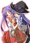  blue_hair blush cosplay hakurei_reimu hakurei_reimu_(cosplay) hat hiiragi_kagami izumi_konata kirisame_marisa kirisame_marisa_(cosplay) ko-chin long_hair lucky_star mole mole_under_eye multiple_girls purple_hair touhou witch witch_hat 