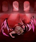  arch barefoot blonde_hair cis_(carcharias) closed_eyes crystal demon_wings dress flandre_scarlet frills full_body hat lowres lying mob_cap on_stomach pillar puffy_short_sleeves puffy_sleeves red red_dress short_sleeves solo touhou vampire window wings 